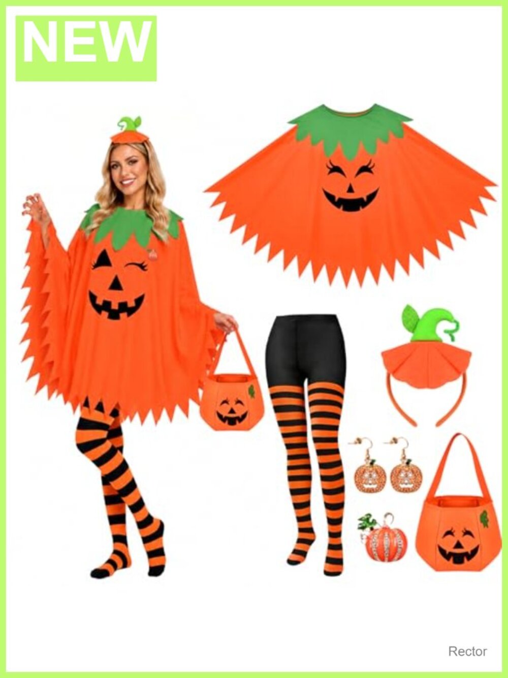 6 Piece Pumpkin Costume Set Poncho Tights Earrings Halloween Cosplay Adult